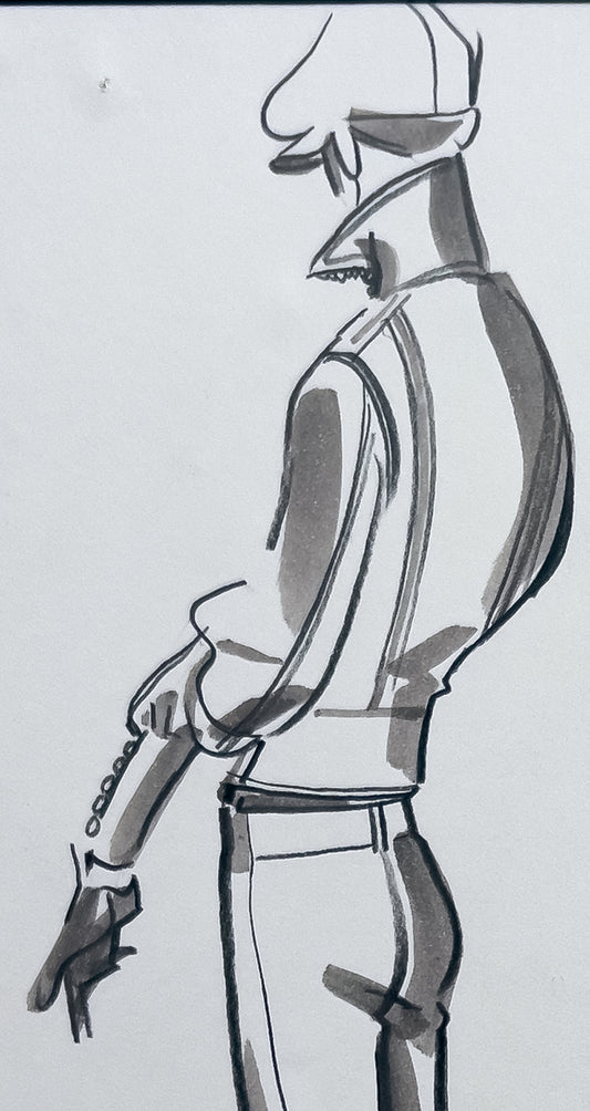 Audrey Schilt — Original Ralph Lauren Fashion Illustration, “Fall 2002 Ready-to-Wear” — Newsboy, No. 1d, 11×8.5 in