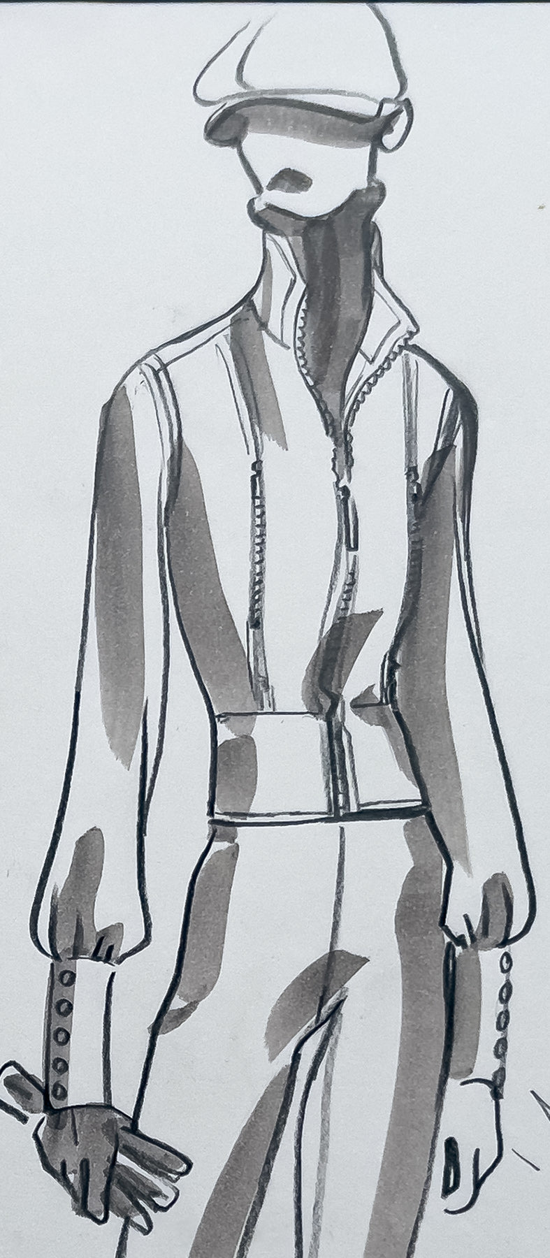 Audrey Schilt — Original Ralph Lauren Fashion Illustration, “Fall 2002 Ready-to-Wear” — Newsboy, No. 1d, 11×8.5 in