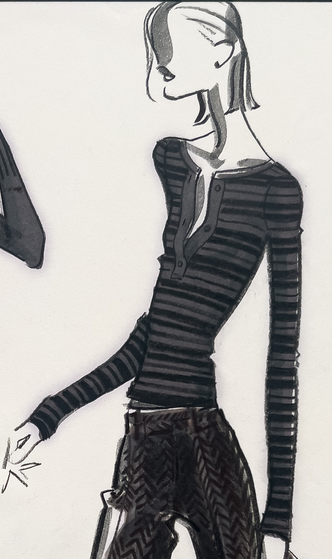 Audrey Schilt — Original Ralph Lauren Fashion Illustration, “Fall 2002 Ready-to-Wear” — Newsboy, No. 1b, 11×8.5 in
