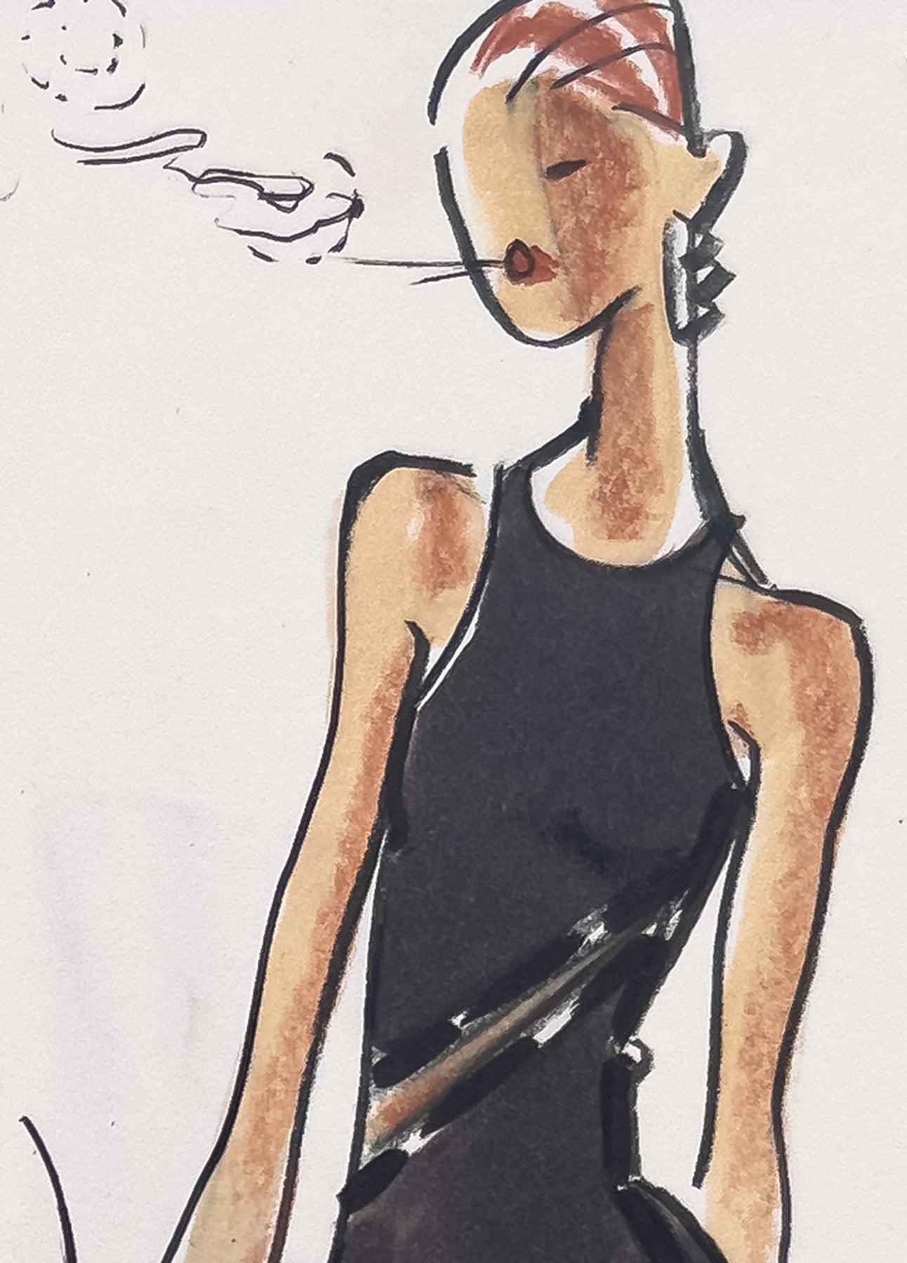 Audrey Schilt — Original Ralph Lauren Fashion Illustration, “Fall 2002 Ready-to-Wear” — Smoking (studio group), 11×8.5 in