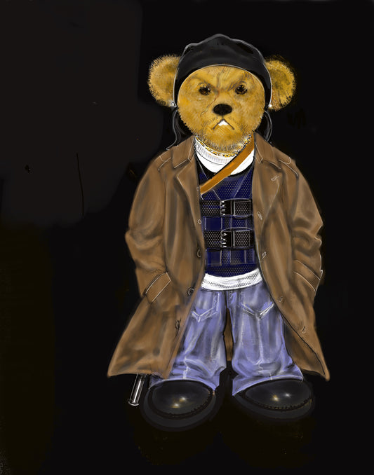 "Scarface" Bear with Black Helmet — Limited Edition Archival Pigment Print (50)