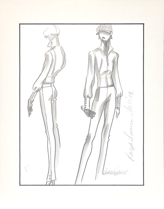 Audrey Schilt illustration for Ralph Lauren Fall 2002: newsboy-cap look shown front and back, zip-front blouson jacket, slim trousers with side stripe, gloves.