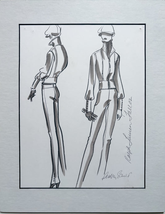 Audrey Schilt illustration for Ralph Lauren Fall 2002: newsboy-cap look shown front and back, zip-front blouson jacket, slim trousers with side stripe, gloves.