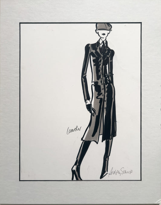Audrey Schilt illustration for Ralph Lauren Fall 2002: newsboy-cap look in long black leather coat, shirt-and-tie, gloves, high-heel boots.