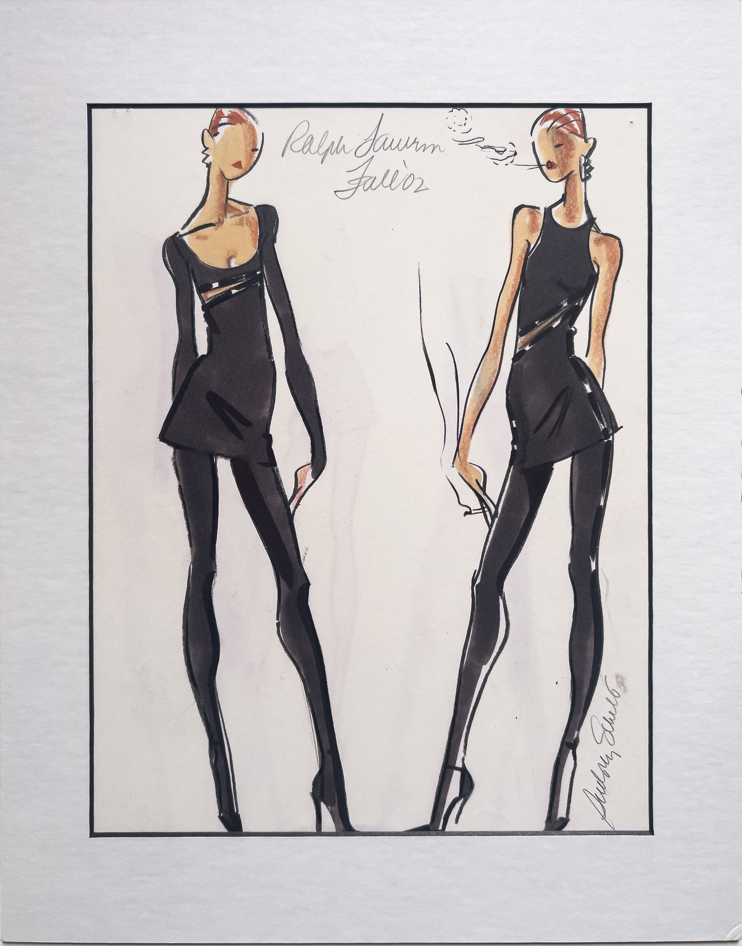 Audrey Schilt illustration for Ralph Lauren Fall 2002 ready-to-wear—studio Smoking group; two black tunic-mini looks over leggings with asymmetrical straps and diagonal closures, high heels.