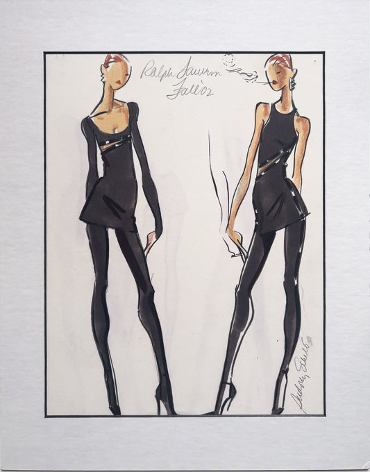 Audrey Schilt illustration for Ralph Lauren Fall 2002 ready-to-wear—studio Smoking group; two black tunic-mini looks over leggings with asymmetrical straps and diagonal closures, high heels.