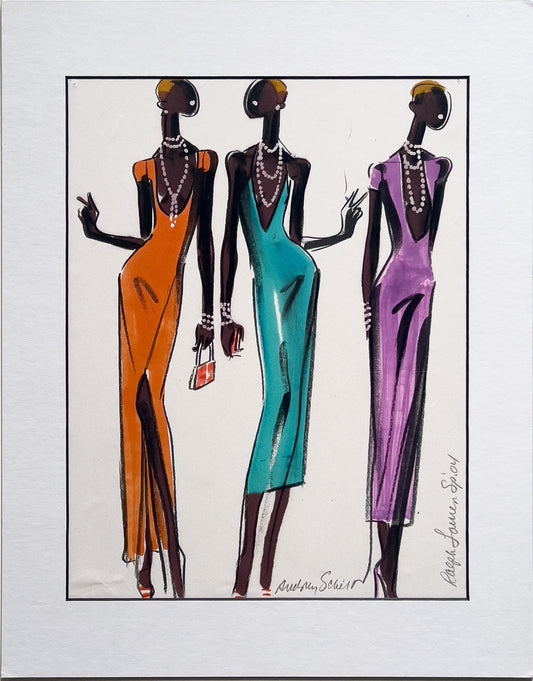 Original lineup illustration by Audrey Schilt for Ralph Lauren Spring 2004: three evening columns with pearls, clutch, and two-tone pumps.