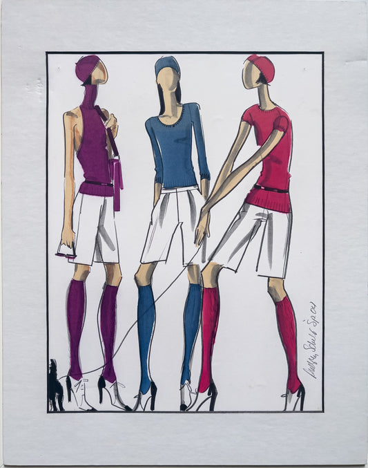 Audrey Schilt lineup for Ralph Lauren Spring 2004: three spectator looks with white shorts, bright knits, OTK socks, two-tone heels.