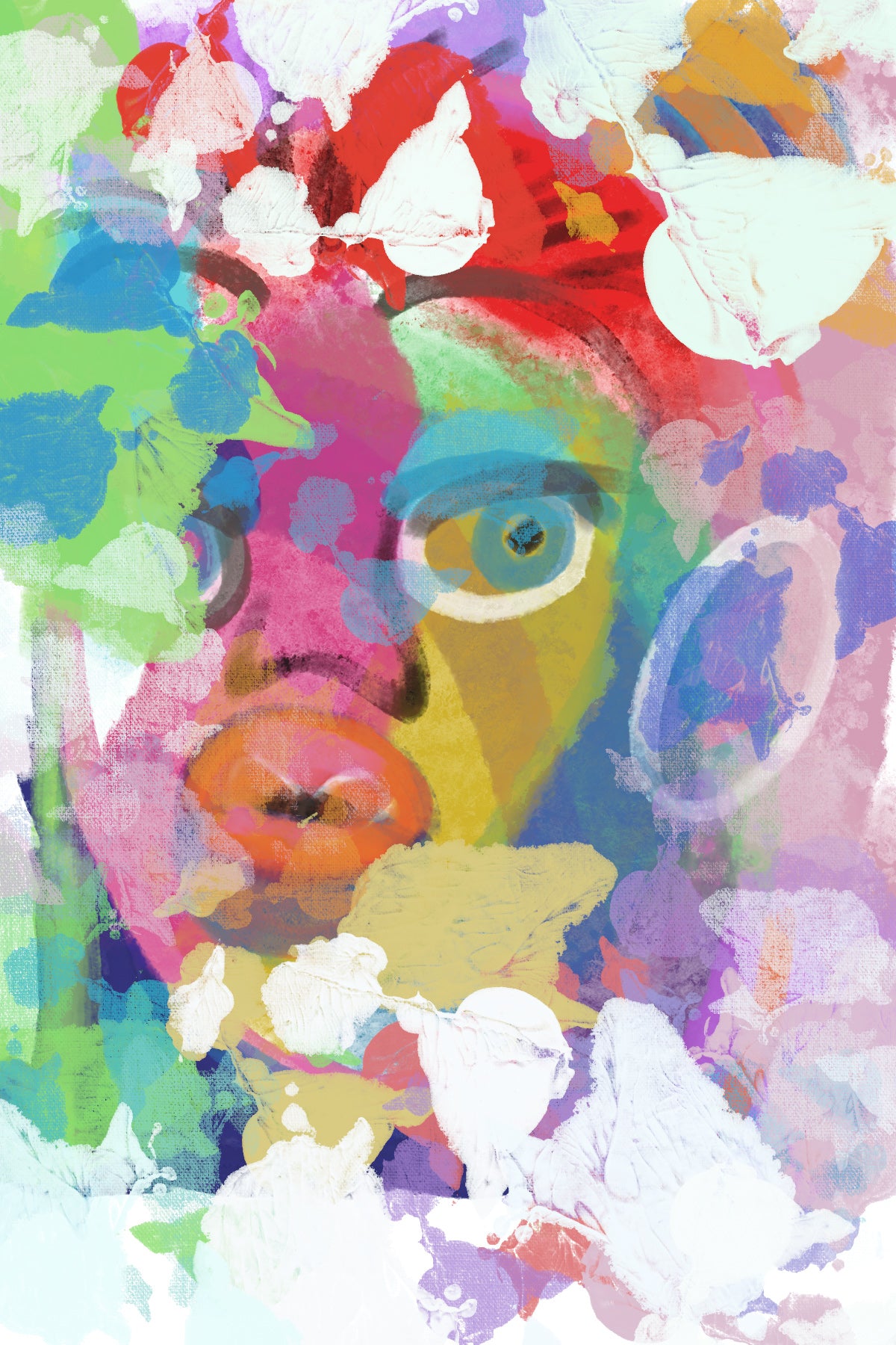 Abstract artwork with a colorful face design