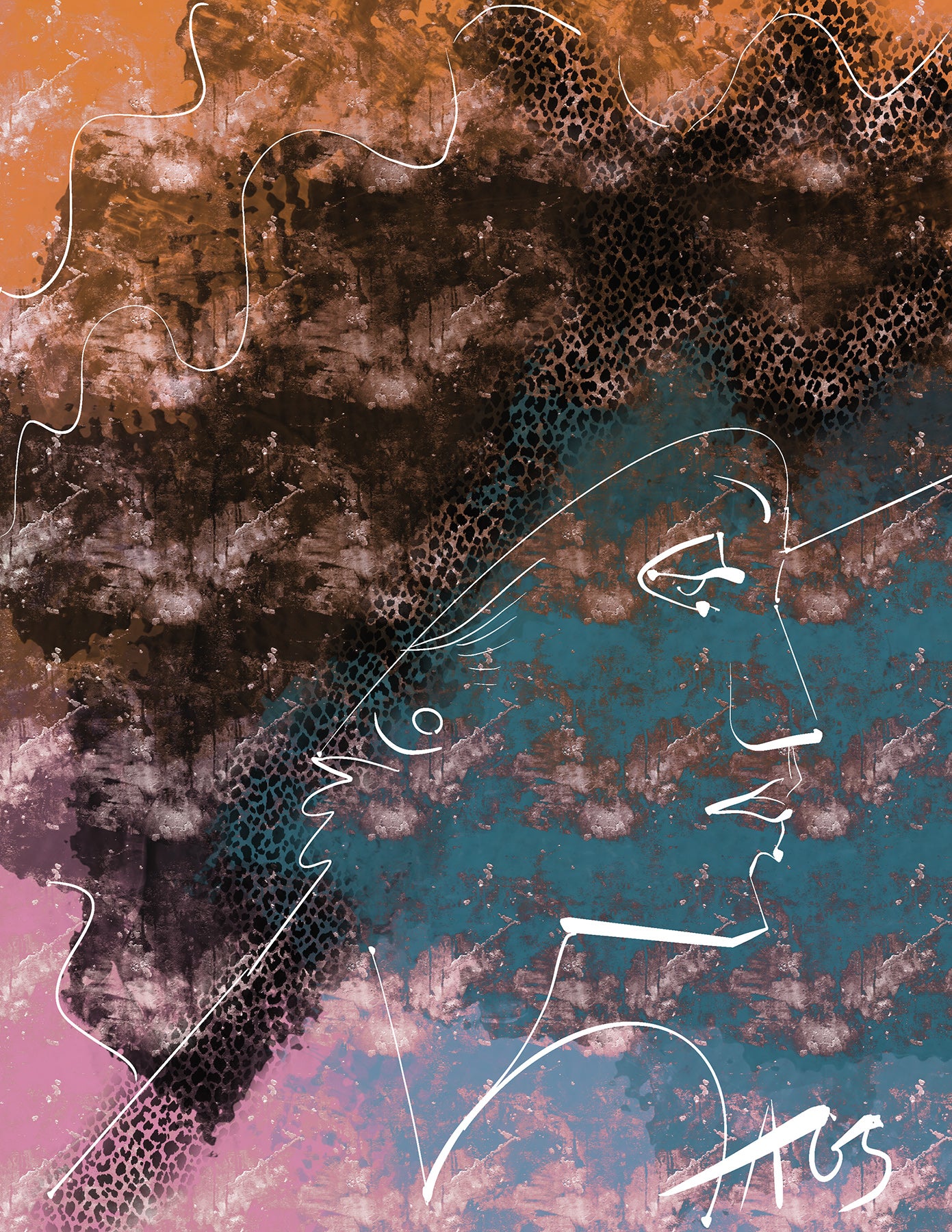Abstract fashion side-profile portrait art with wavy lines and color gradient