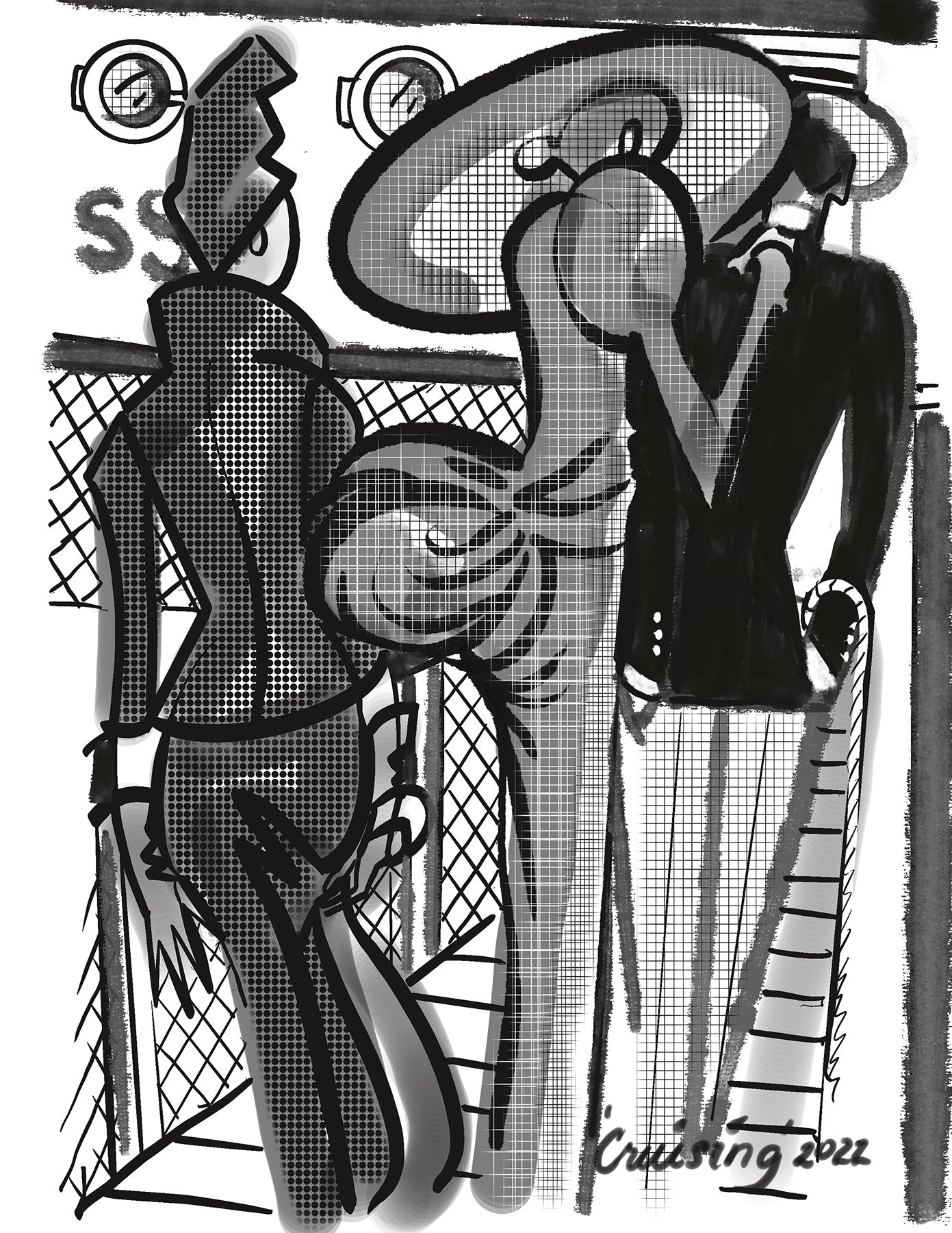 Black and white illustration of a stylish couple and another well-dressed person boarding a cruise ship, signed 'Cruising 2022'.