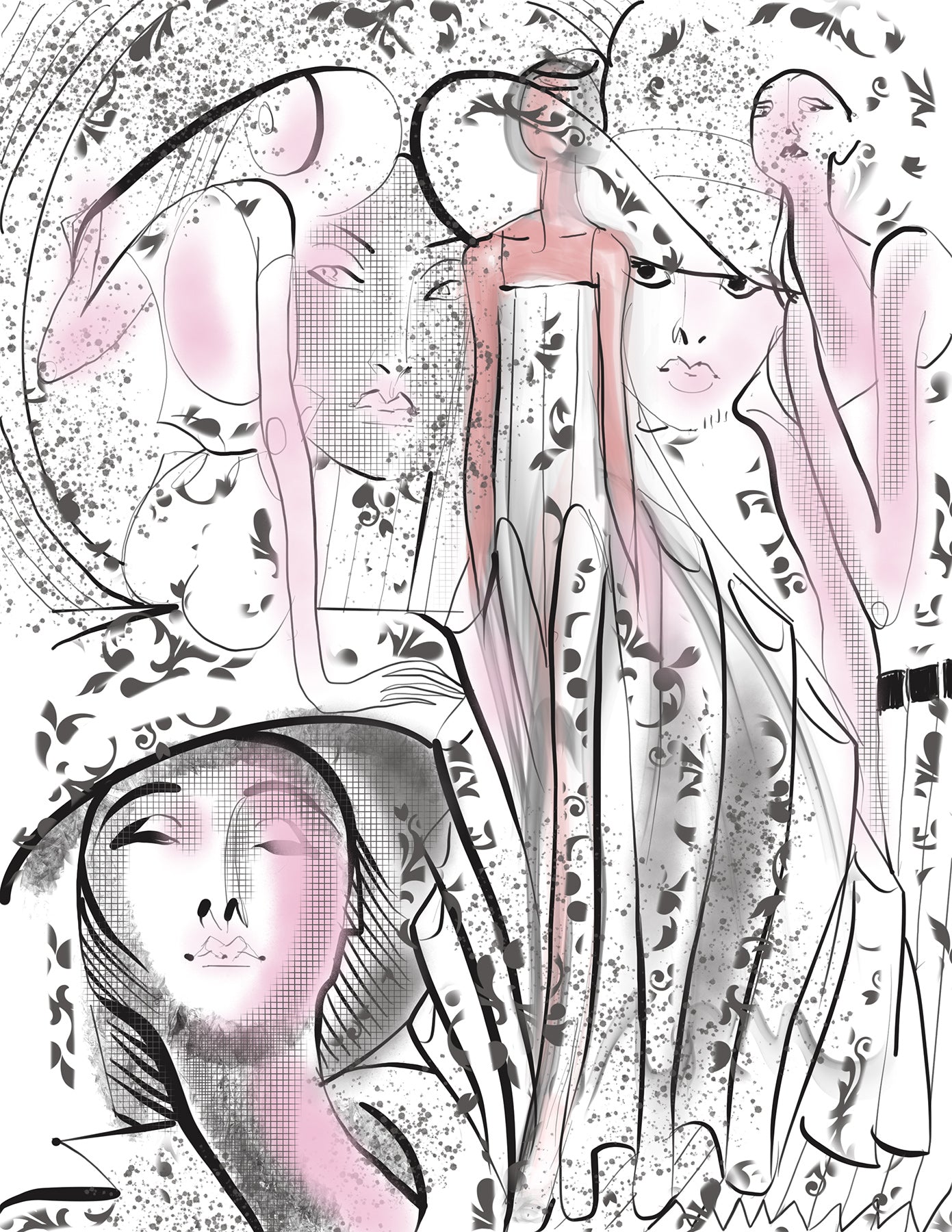 Artistic illustration of models in a flowing dress with abstract elements