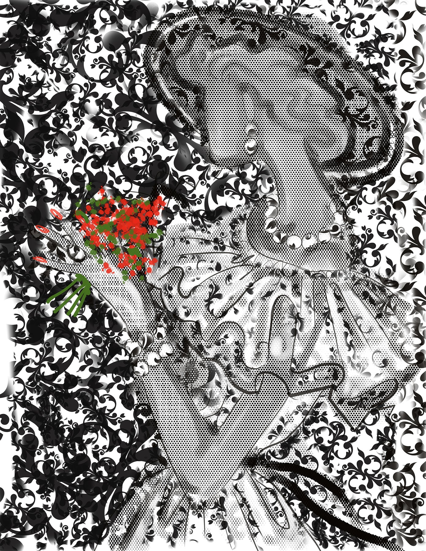 Black and white illustration of a woman holding flowers with a decorative pattern