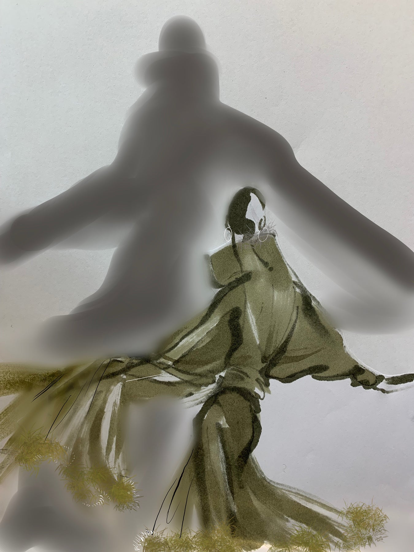 Silhouette of a person (model) with a flowing dress against a gray background