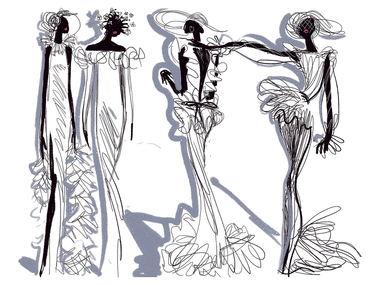 Black and white lineup fashion illustration of of four stylized figures with flowing hair and dresses.