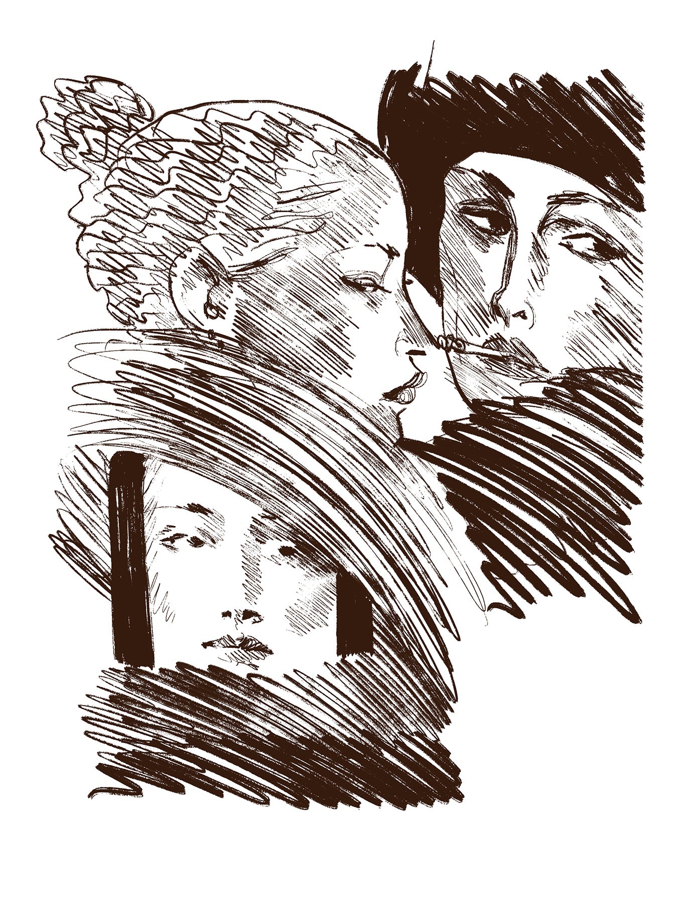 Black and white illustration of three faces with expressive features on a white background