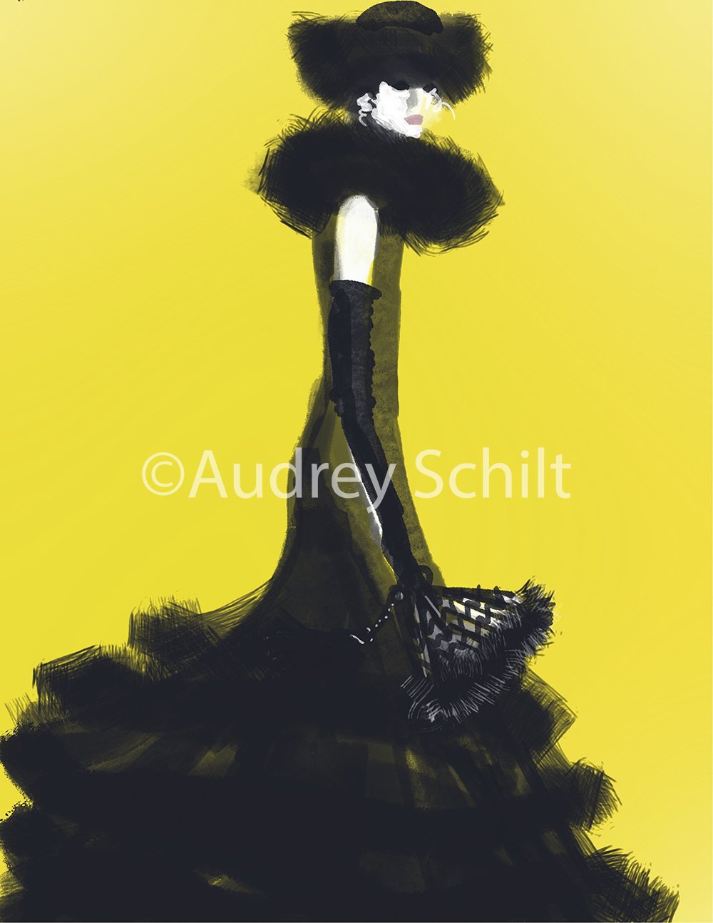 "Girl With Black Hat and Gown Yellow Background"
