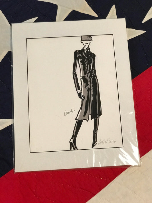 Audrey Schilt illustration for Ralph Lauren Fall 2002: newsboy-cap look in long black leather coat, shirt-and-tie, gloves, high-heel boots.