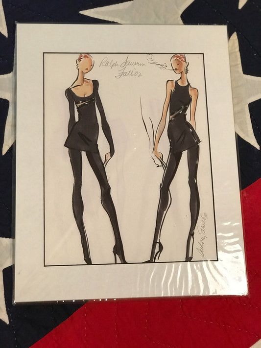 Original fashion illustration by Audrey Schilt for "Ralph Lauren’s Fall 2002" smoking theme, 11×8.5 in