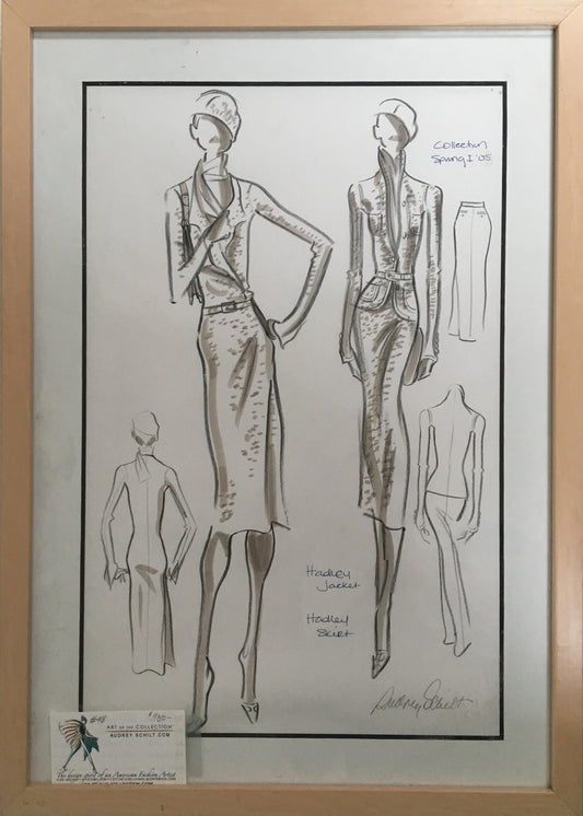 Original fashion illustration by Audrey Schilt for "Ralph Lauren’s Spring 2005 Collection," Hadley Jacket and Skirt