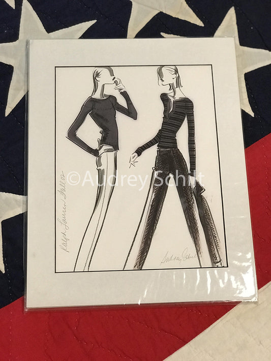 Audrey Schilt illustration for Ralph Lauren Fall 2002: two newsboy-mood looks—ribbed knit tops (crew and henley) with slim trousers, one herringbone, umbrella.