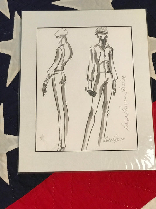 Audrey Schilt illustration for Ralph Lauren Fall 2002: newsboy-cap look shown front and back, zip-front blouson jacket, slim trousers with side stripe, gloves.