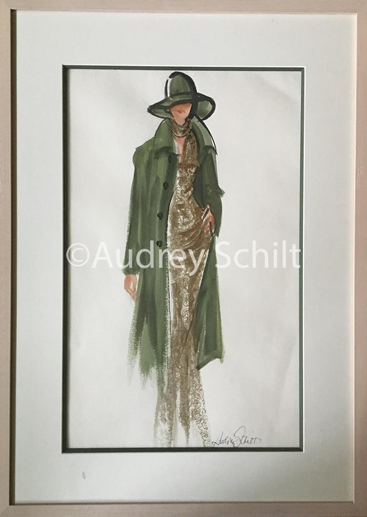 Audrey Schilt watercolor for Ralph Lauren Fall 2006 ready-to-wear, Highlands Hunting—full-length fashion illustration on paper.