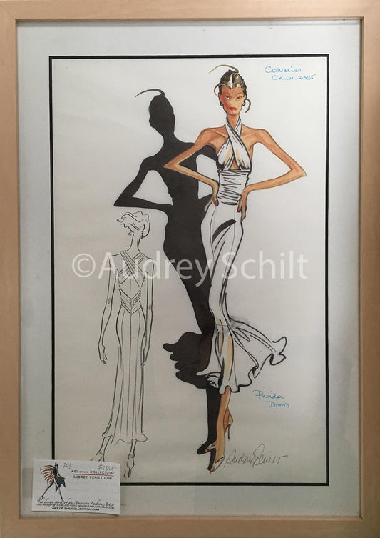 Audrey Schilt illustration for Ralph Lauren Resort 2005, Shadow—Prinda Dress, markers and pencil, matted and framed