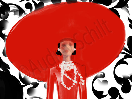 Girl in Halston Red Dress & Hat — Giclée Print