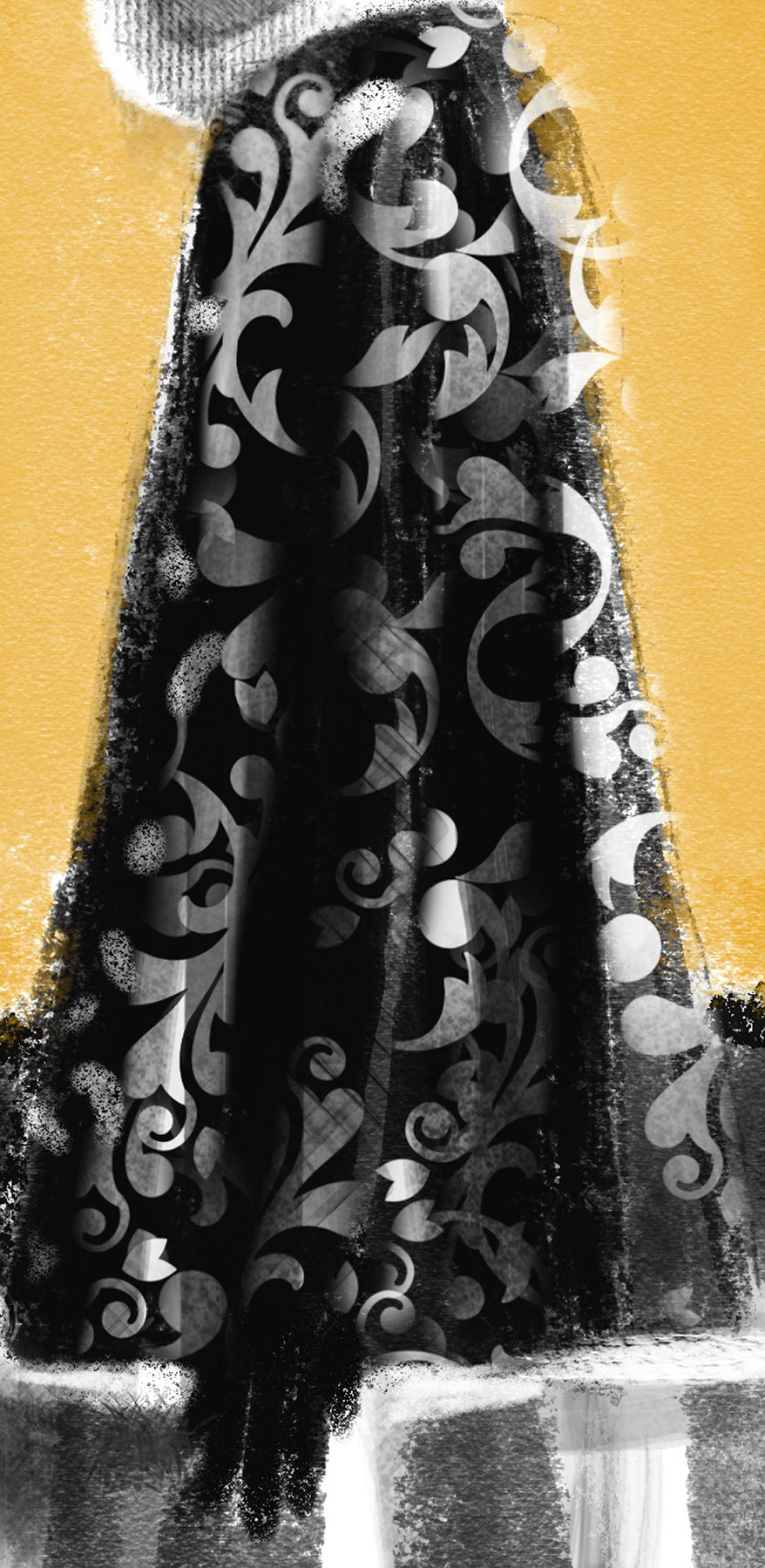 Black/ White Foulard Print Coat, Gold/ Black Wall, White Fur Trim — One-of-a-Kind Archival Pigment Print