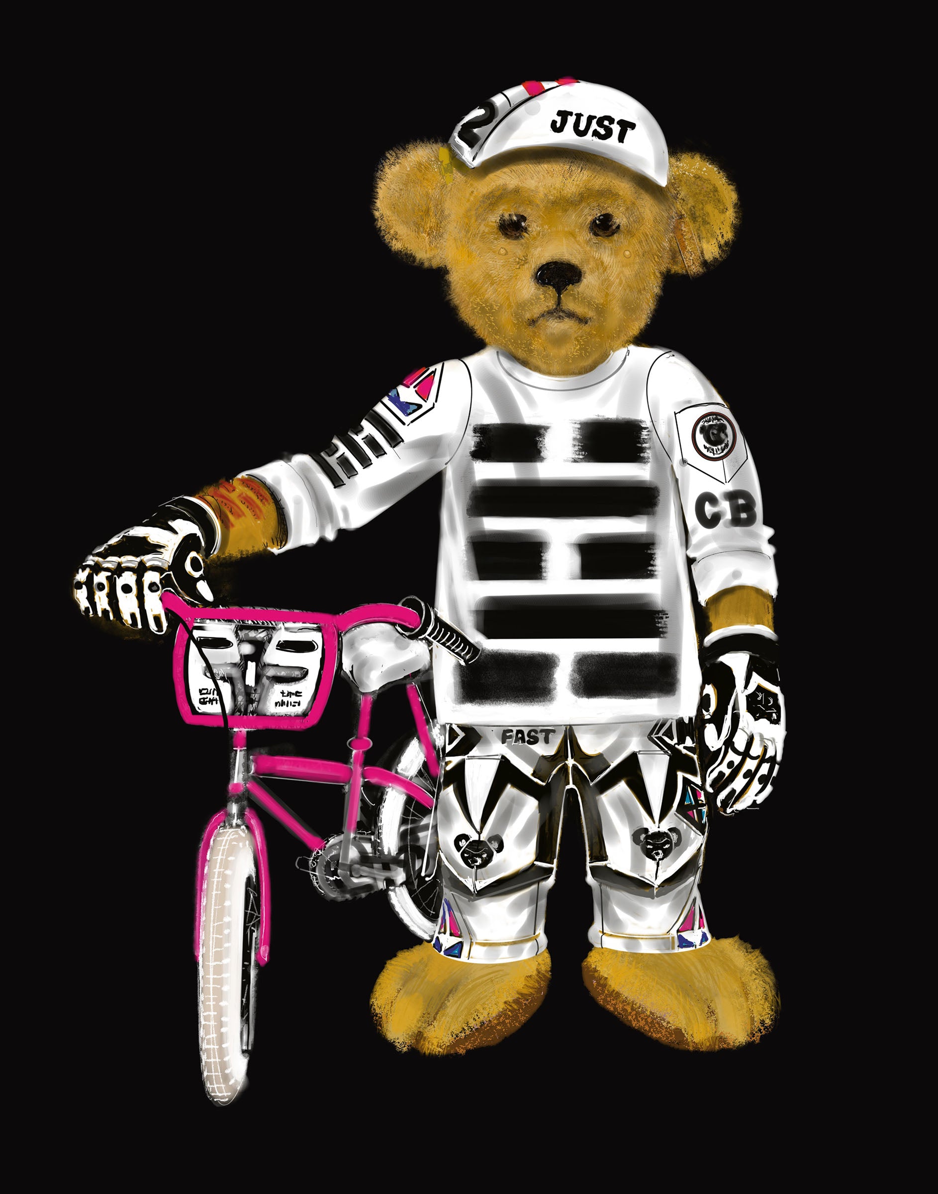 Teddy bear in a stylish racing suit and hat with a pink BMX trick bike on a black background