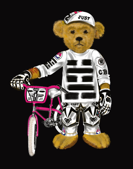 Teddy bear in a stylish racing suit and hat with a pink BMX trick bike on a black background
