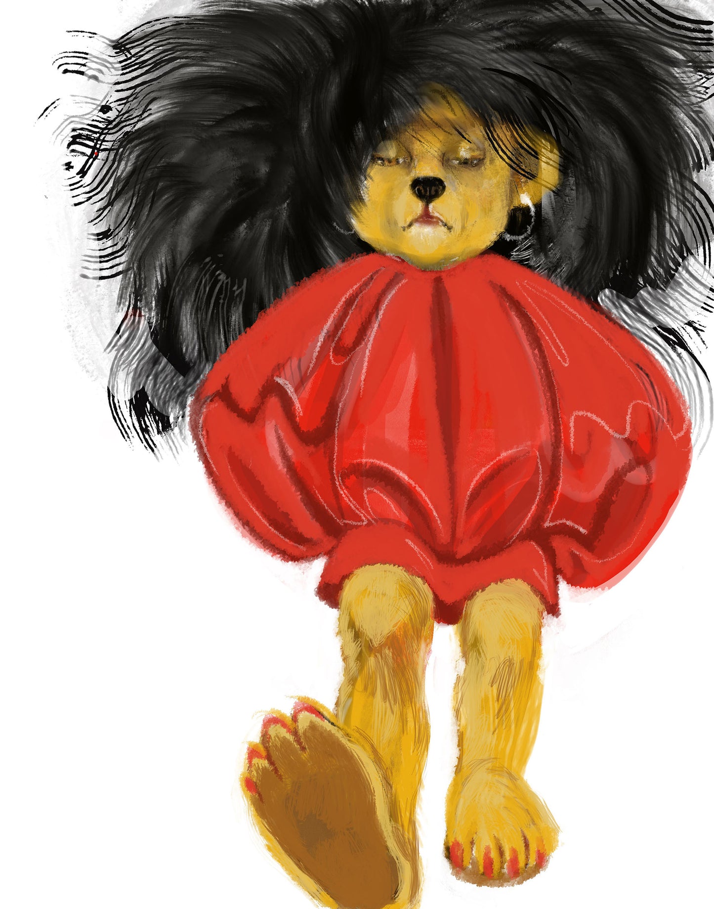 Chic and stylish female teddy bear with a conceptual Balenciaga red dress and big wavy black hair with earings, makeup, red toenails and lipstick on a white background