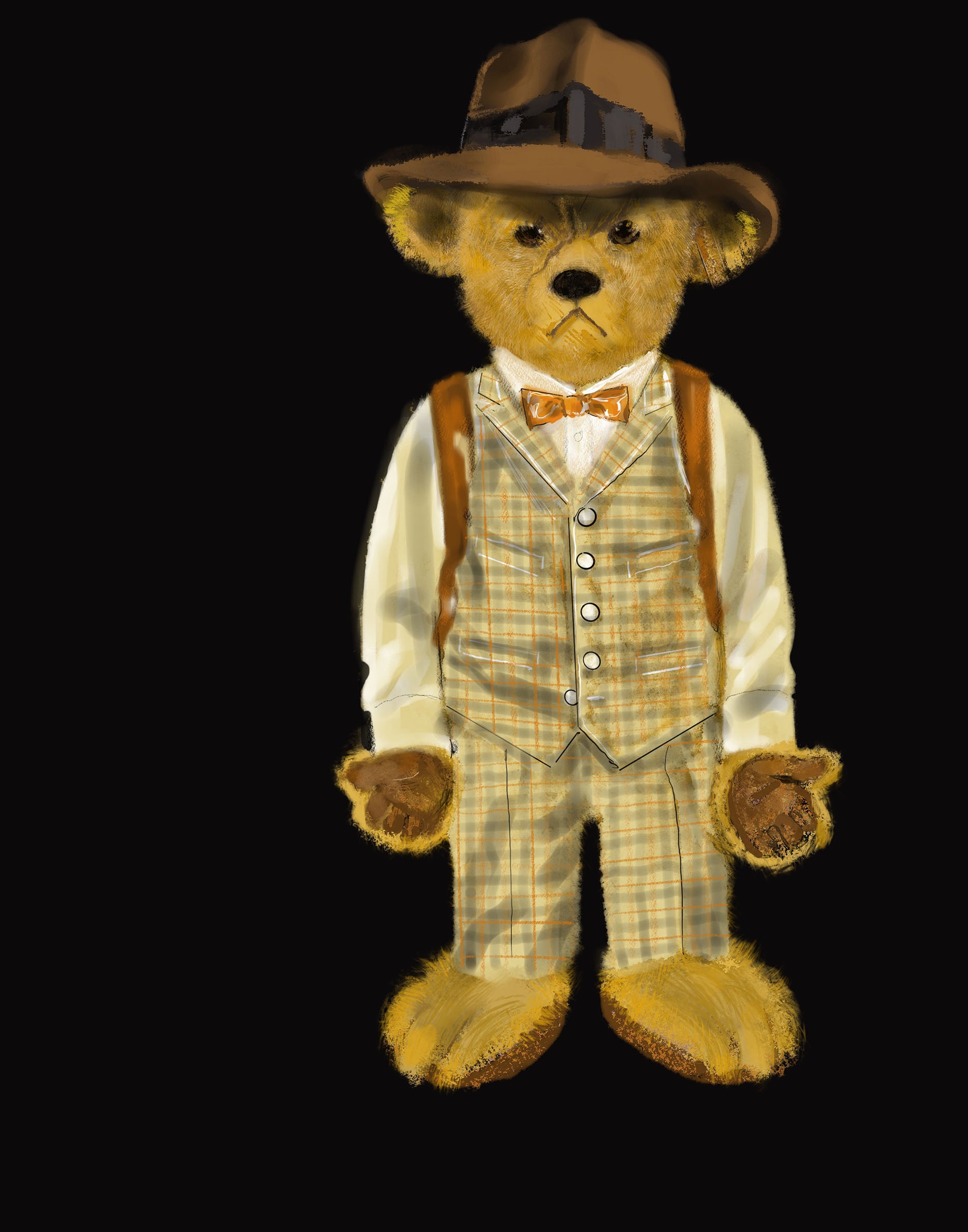 Stylish teddy bear dressed in a formal outfit with a brown fedora hat, vest, and bow tie on a black background