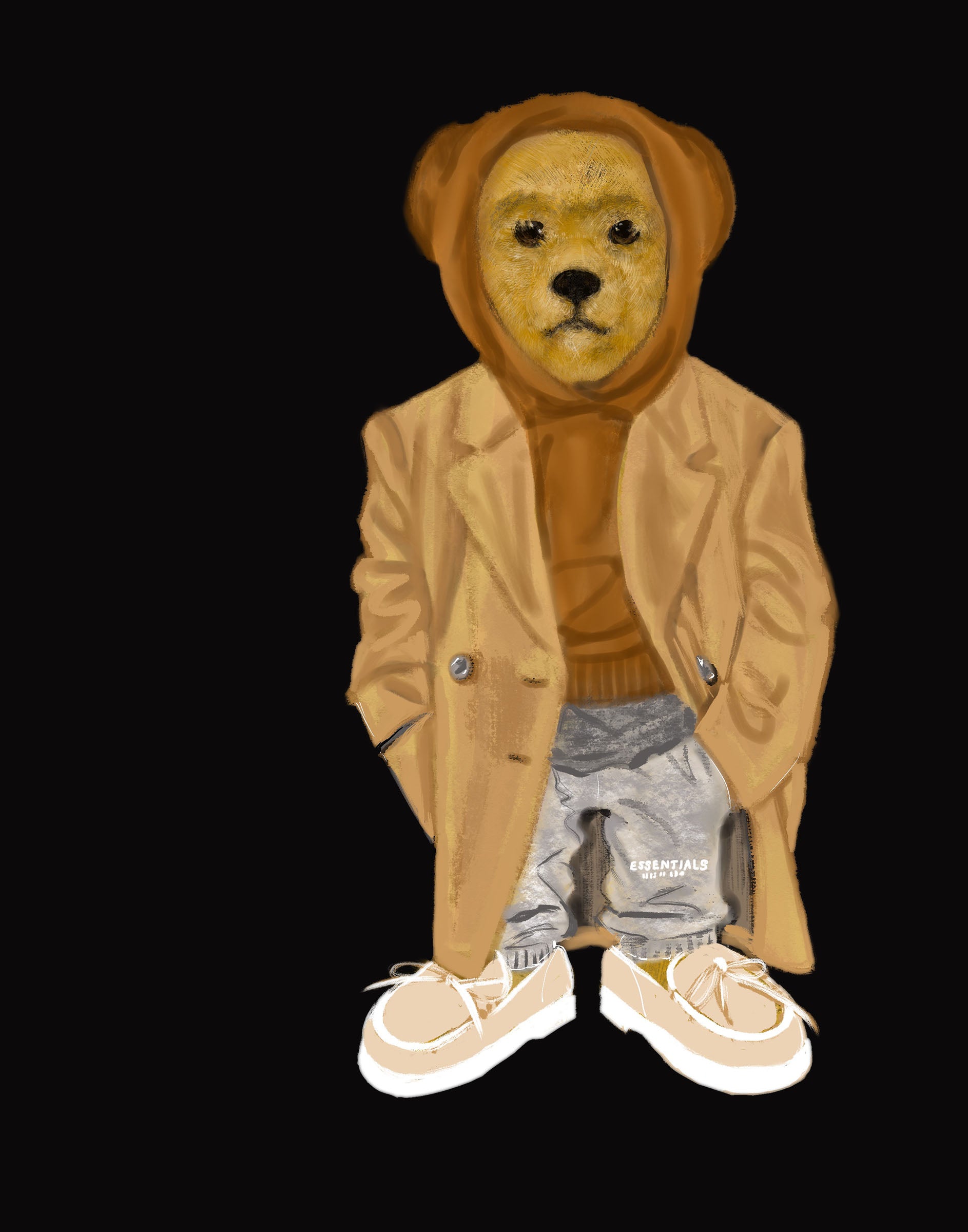 Teddy bear wearing a stylish beige coat, sweater, and pants on a black background