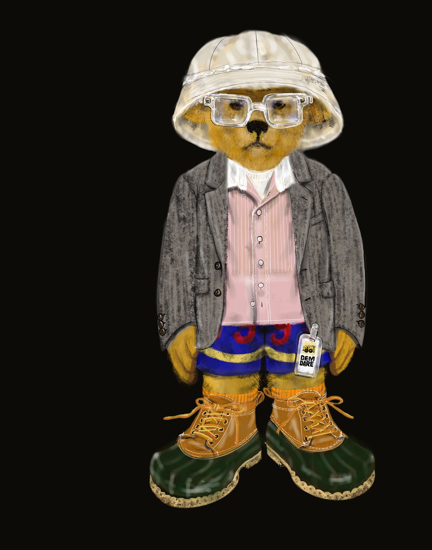 Teddy bear wearing a stylish outfit with a hat, jacket, and duck boots on a black background