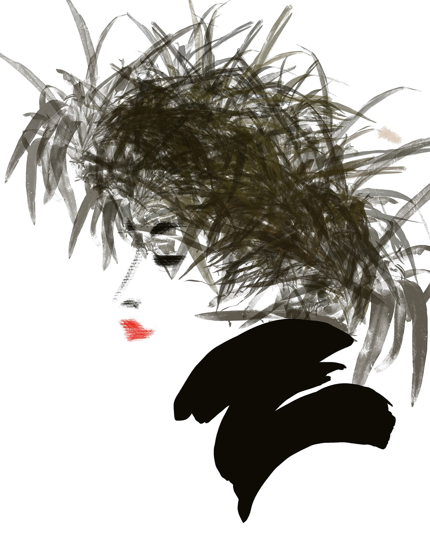 Abstract fashion illustration of a side-view of a woman with feather hat with black turtleneck and red lipstick and white elements on a white background