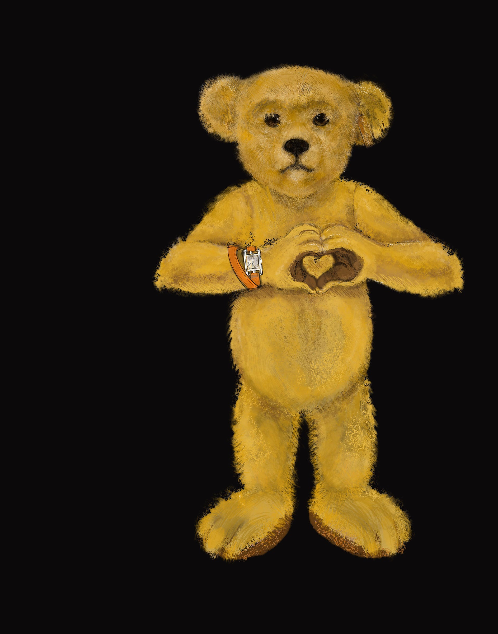 Teddy bear making a heart shape with its paws wearing a Hermes watch with orange band on a black background