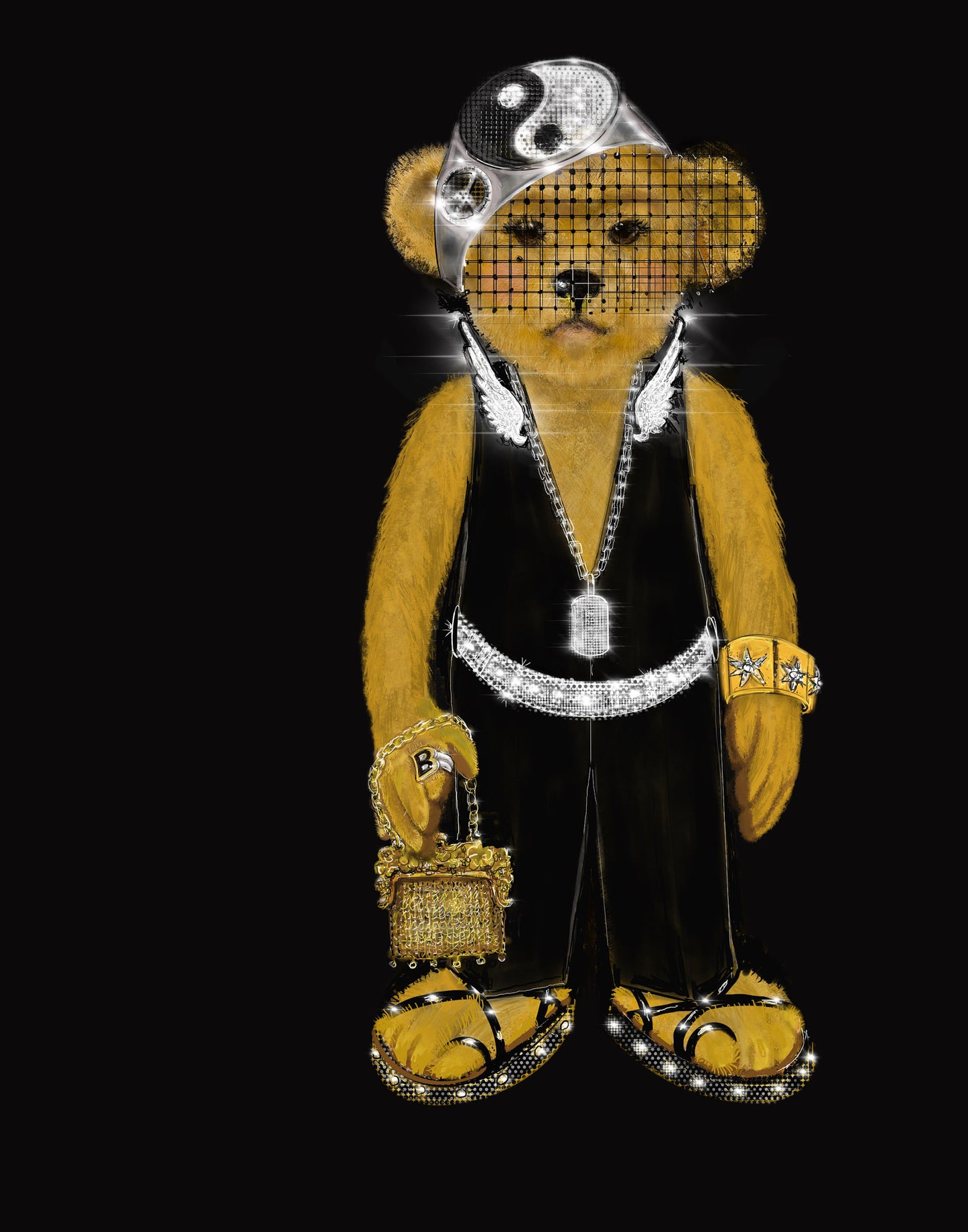 Female Teddy bear with luxurious accessories on a black background