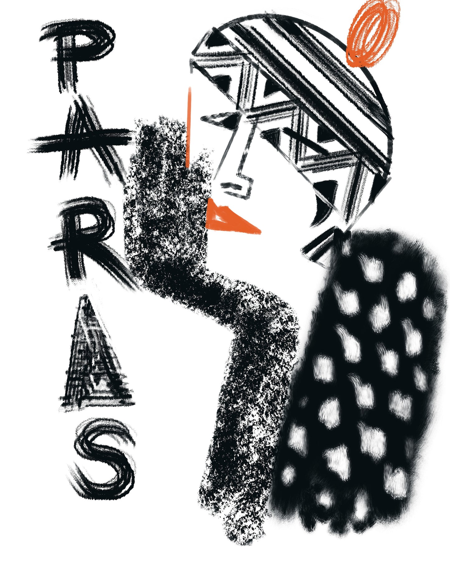 Abstract conceptual fashion Illustration of a woman wearing a winter hat and black with white-spotted fur scarf with text 'PARIS' on a white background
