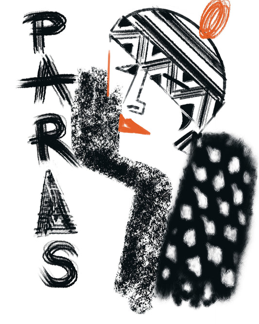 Abstract conceptual fashion Illustration of a woman wearing a winter hat and black with white-spotted fur scarf with text 'PARIS' on a white background