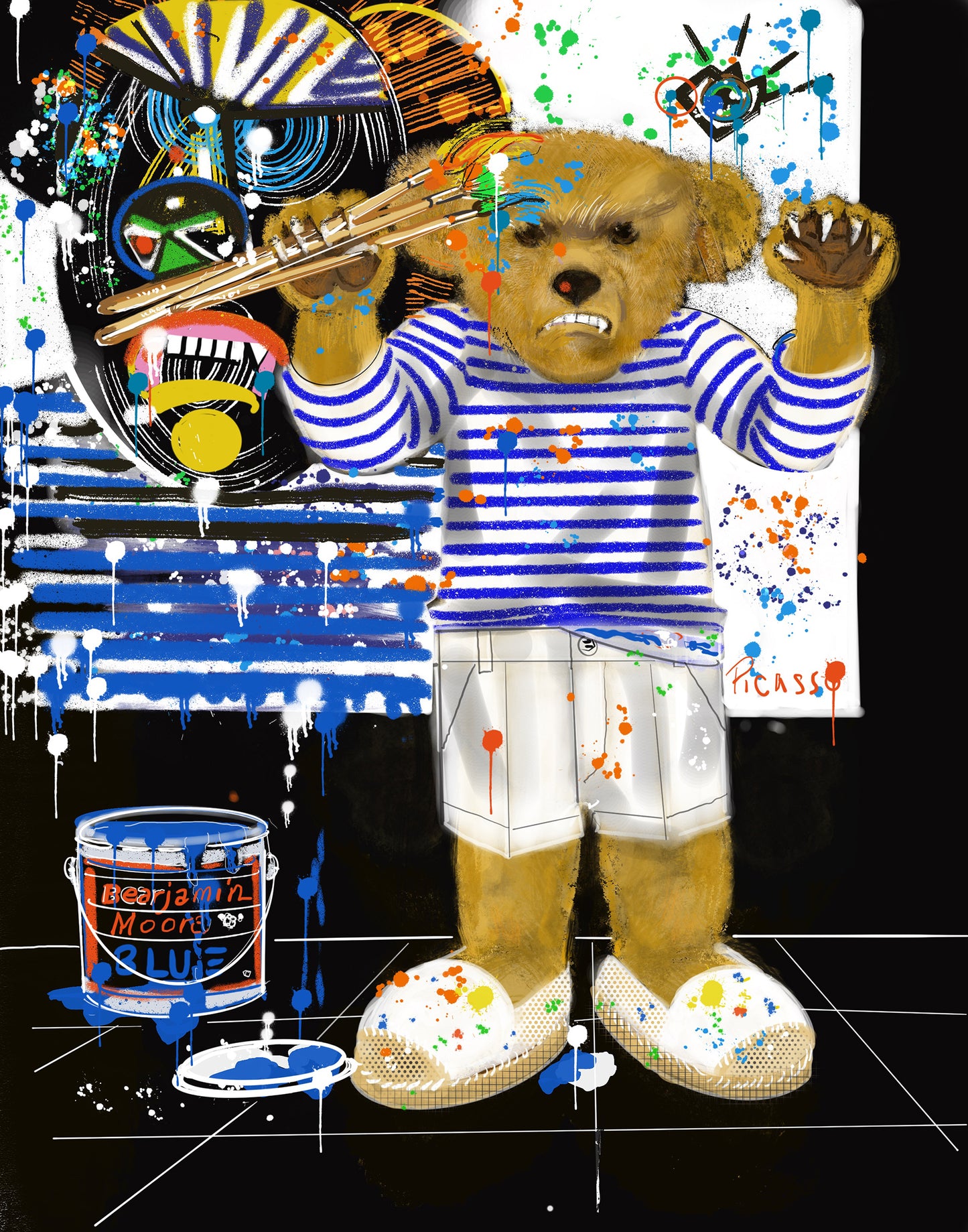 Colorful abstract painting with a bear character holding a paintbrush and a bucket of paint.