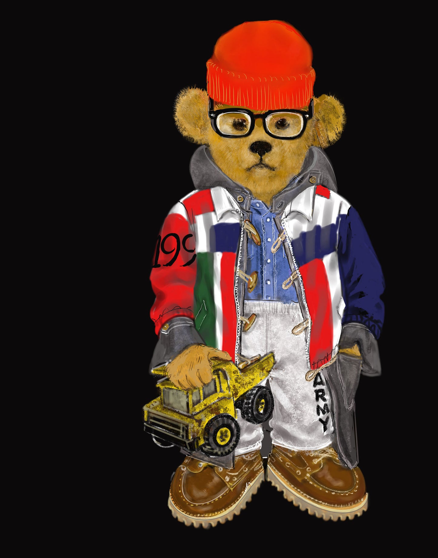 Teddy bear wearing a colorful outfit with a red beanie, holding a toy truck on a black background