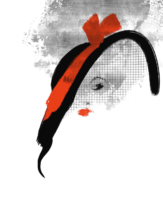 Conceptual fashion sketch of a woman's head wearing Black hat with a red bow on a stylized and mostly-white background