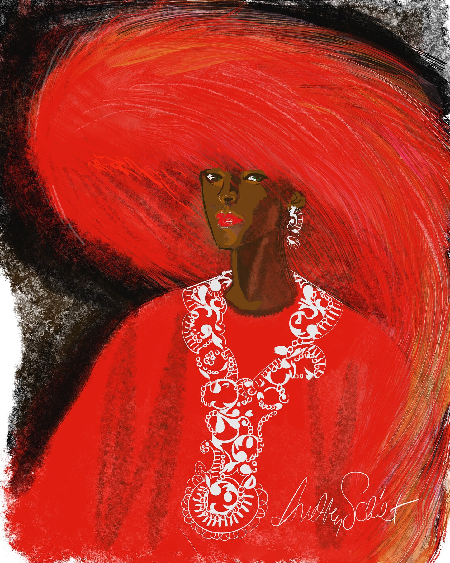 Conceptual fashion artistic depiction of a person with a large red feather hat and caftan, with a detailed white necklass and earings on a black and white background.