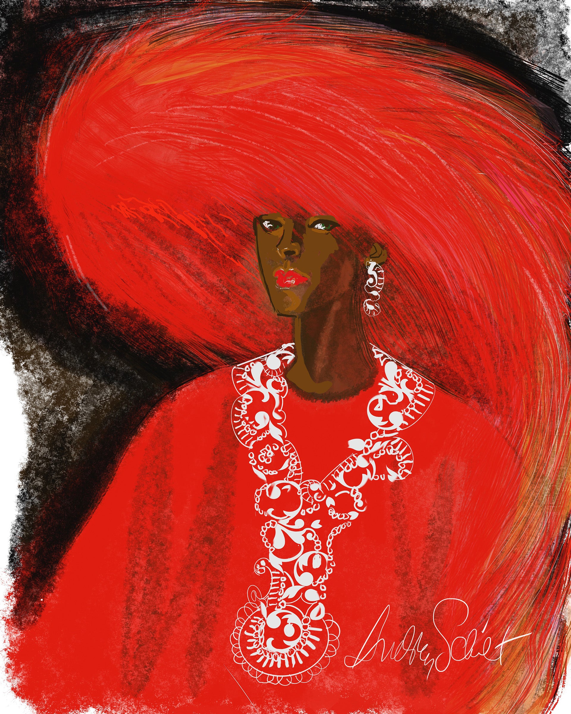 Conceptual fashion artistic depiction of a person with a large red feather hat and caftan, with a detailed white necklass and earings on a black and white background.