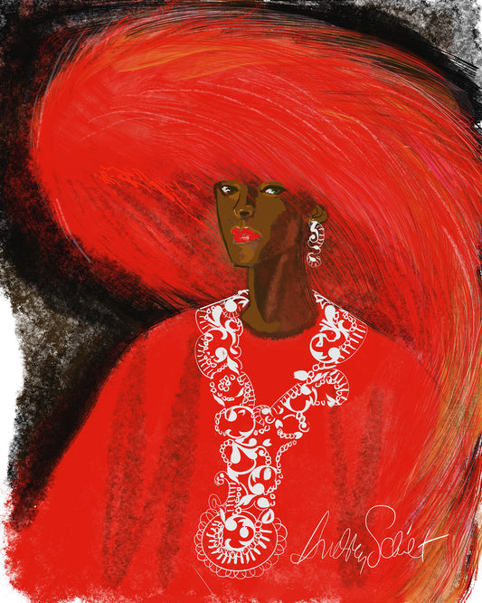 Conceptual fashion artistic depiction of a person with a large red feather hat and caftan, with a detailed white necklass and earings on a black and white background.