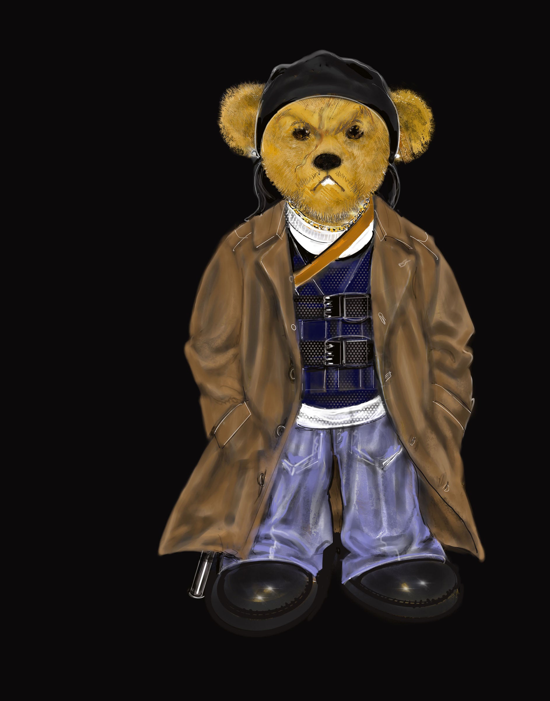 Teddy bear wearing a coat, vest, and pants on a black background