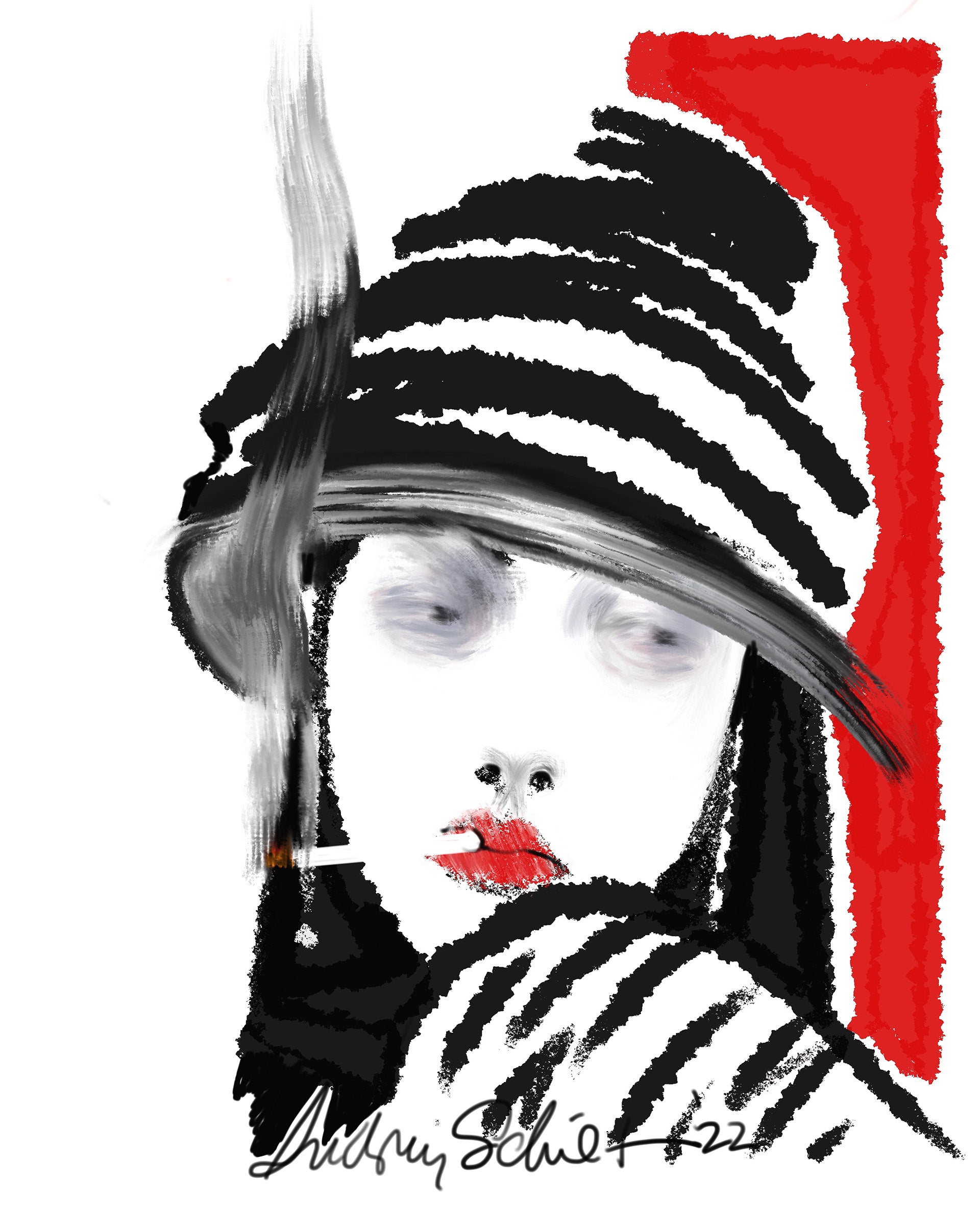 Fashion conceptual portrait with a black and white hat, red background, on a French woman with a lit cigarette in her mouth and signature at the bottom.