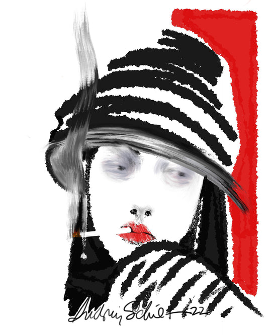 Fashion conceptual portrait with a black and white hat, red background, on a French woman with a lit cigarette in her mouth and signature at the bottom.